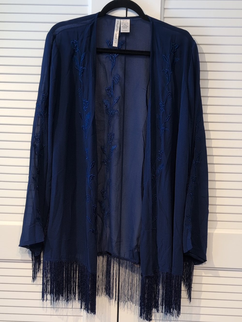 Forgotten Grace Embroidered Fringe Open-Front Shawl Shrug - Navy Size XL - Picture 2 of 7